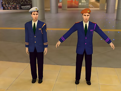 Two Men in Blue Official Uniforms with Shoulder Badges Standing in Public Hall 3d model
