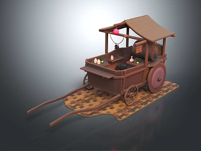 Traditional Vintage Food Cart Design With Tiled Roof Wooden Wheels And Pink Lamp 3d model