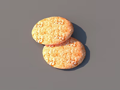 Two Round Golden Biscuits with Crunchy Textured Surface on Grey Background 3d model