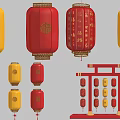Traditional Chinese Red and Yellow Lanterns with Fu Characters and Hanging Frame