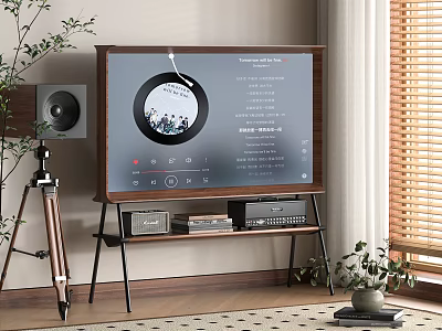 Modern TV With Record Player Interface On Wooden Stand Speaker Plant And Blinds 3d model