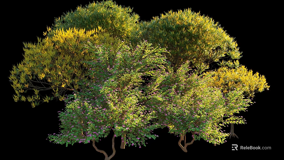 Varied Arbor Trees With Diverse Green And Yellow Foliage And Blooming Branches 3d model 
