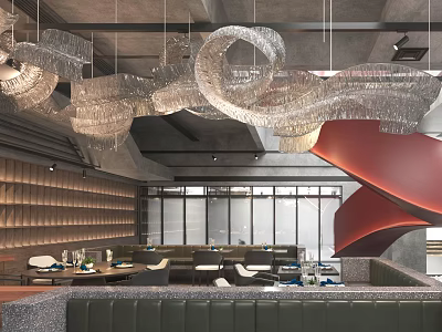 Modern Restaurant Interior Design With Artistic Crystal Chandeliers Red Staircase Marble Wall And Dining Tables 3d model