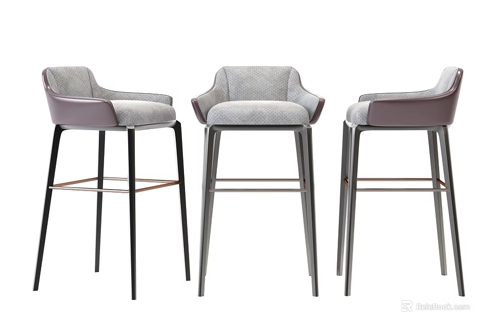 Stylish Modern Bar Stools With Gray Purple Upholstery And Metal Frames 3d model 