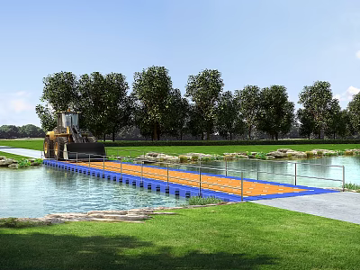 Orange Floating Bridge Over Water With Green Grass Trees And Bulldozer Nearby 3d model