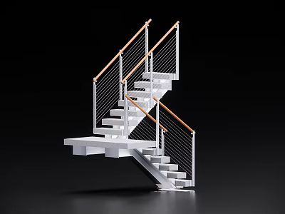 Modern Staircase With White Steps Wooden Handrails And Metal Railings 3d model