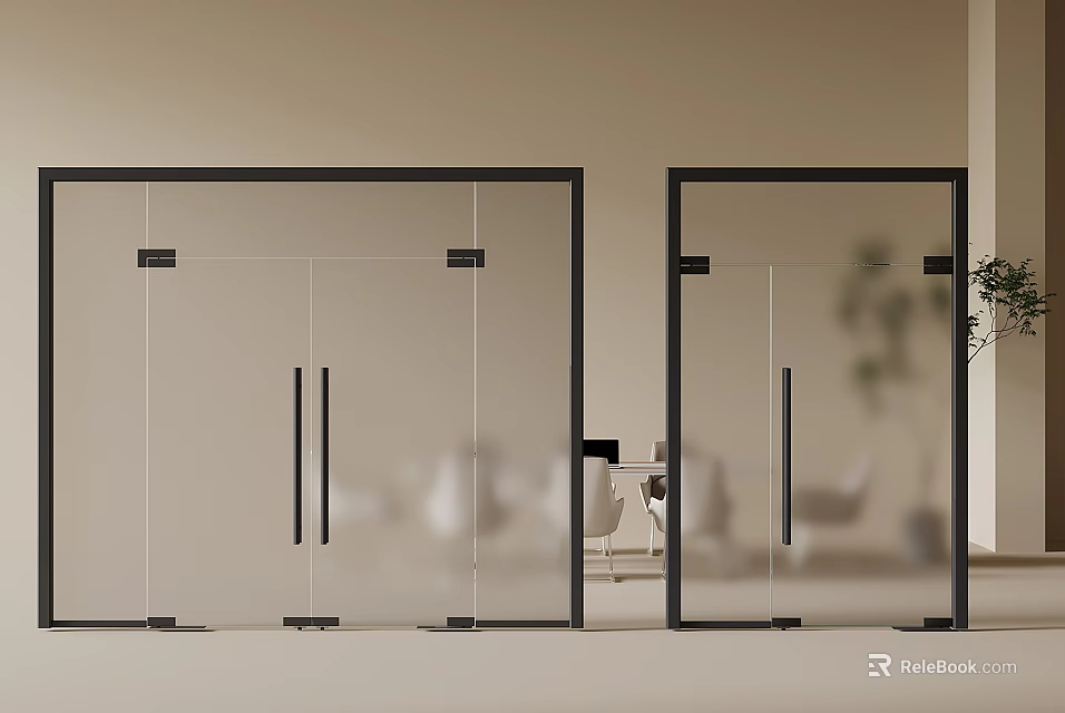 Stylish Modern Glass Double Doors With Black Frames In Interior Space 3d model 