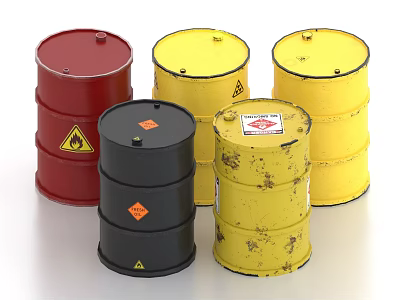 Colorful Industrial Drums With Warning Labels For Storage And Handling 3d model