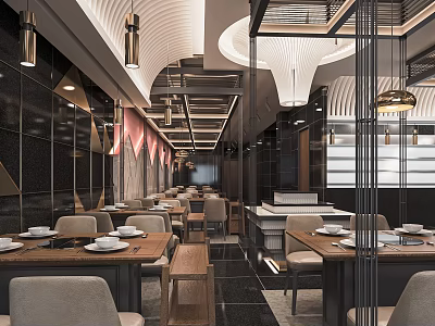 Elegant Modern Hotpot Restaurant Interior Design With Wooden Tables Pendant Lights And Black Walls 3d model