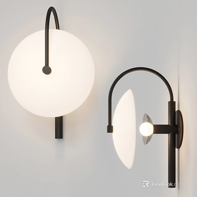 Modern Wall Lamps With Black Metal Bracket And White Round Curved Lampshade Design 3d model 