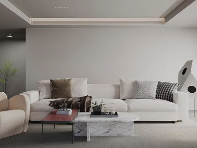 Modern Living Room Interior Design With White Sofa Multiple Pillows And Marble Coffee Table 3d model