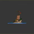 Scenic Pirate Island with Striped Sail Tower Palm Trees and Blue Water
