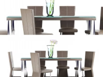 Modern Dining Table And Chairs Set With Glass Top Light Gray Seats And Vase 3d model