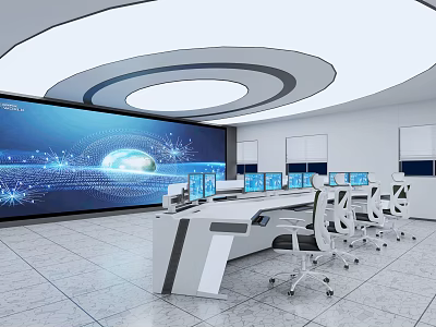 Modern Monitoring Room With Large Screen Workstations And Office Chairs 3d model