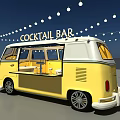 Yellow Mobile Cocktail Bar Van With Open Counter And String Lights Decoration 3d model