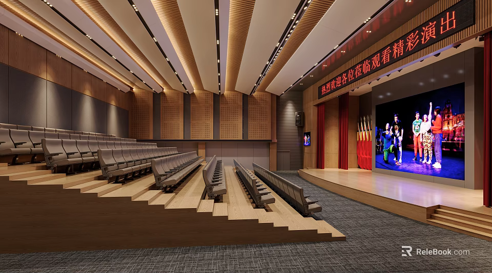 School Auditorium With Stepped Seats Wooden Ceiling And Performance Stage 3d model 
