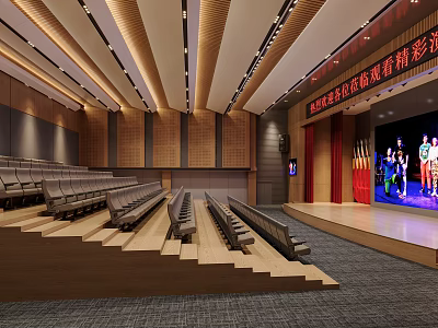 School Auditorium With Stepped Seats Wooden Ceiling And Performance Stage 3d model