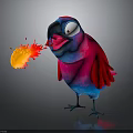 Colorful Blue Pink Parrot Spitting Yellow Orange Flame Like Object With Open Beak Gray Background