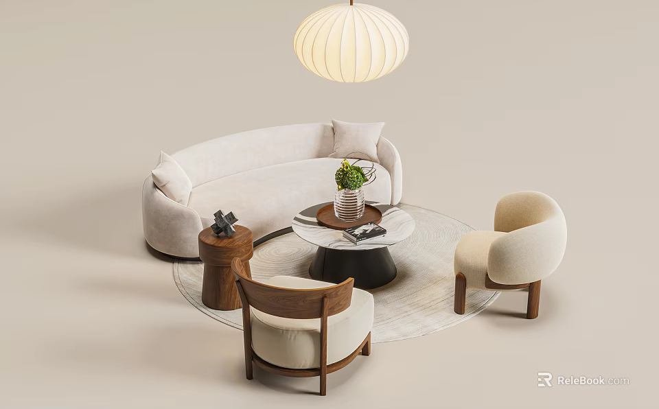 Light Colored Modern Sofa and Round Coffee Table Set With Accent Chairs and Pendant Light 3d model
