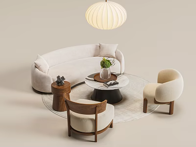 Light Colored Modern Sofa and Round Coffee Table Set With Accent Chairs and Pendant Light 3d model