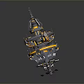 3D Model of Spacecraft with Blue Solar Panels Orange Ring and Metallic Structure Components