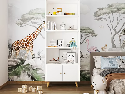 White Cabinet With Shelves In Kids Room Animal Themed Wall With Giraffe And Flamingo 3d model