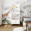 White Cabinet With Shelves In Kids Room Animal Themed Wall With Giraffe And Flamingo