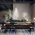 Modern Steak Restaurant Interior With Mezzanine Floor Metal Railings Gray Walls And Lighting