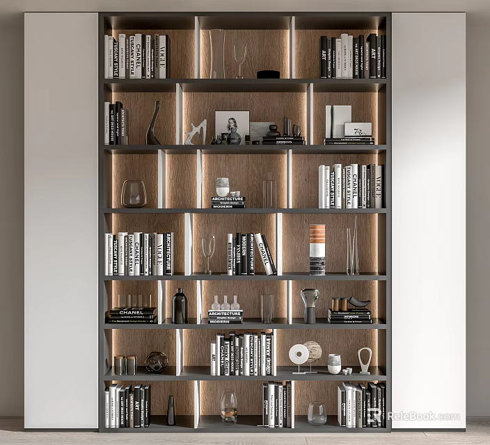Modern Layered Design Bookcase With Books Decorative Items Glassware And Photo Frames 3d model 