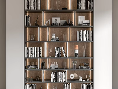 Modern Layered Design Bookcase With Books Decorative Items Glassware And Photo Frames 3d model