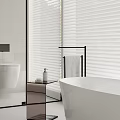 Modern Bathroom Interior With White Bathtub Double Sink And Glass Shower