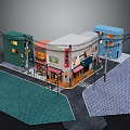 Colorful Japanese Style Building Models With Green White Blue Facades And Shop Signs