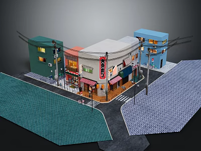 Colorful Japanese Style Building Models With Green White Blue Facades And Shop Signs 3d model