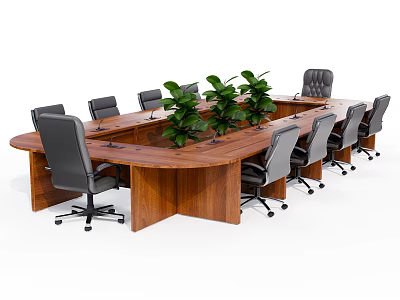 Wooden Office Desk With Black Gray Office Chairs And Green Plants On Tabletop 3d model