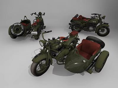 Classic Vintage Military Green Motorcycles With Red Seats And Sidecar Design 3d model
