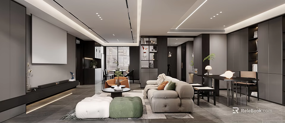 Modern Living And Dining Room Interior Design With Sofa Coffee Table Plants And Bookshelf 3d model 