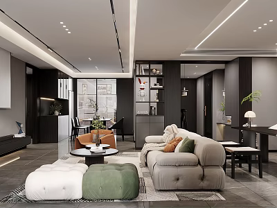Modern Living And Dining Room Interior Design With Sofa Coffee Table Plants And Bookshelf 3d model