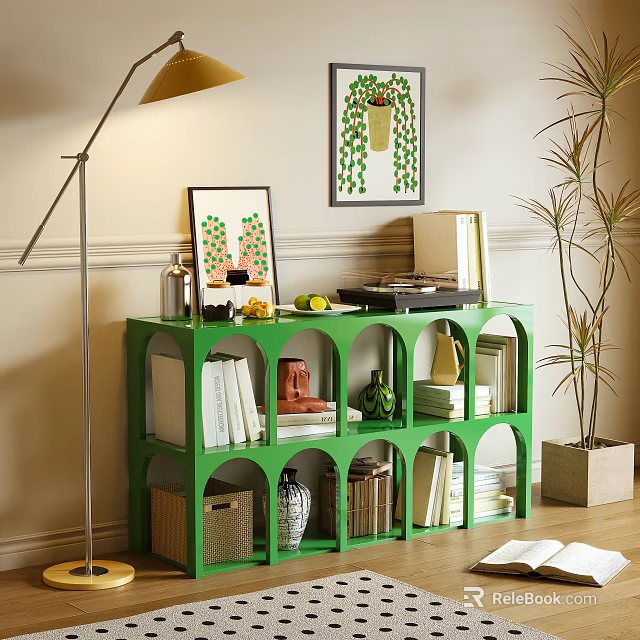 Green Multi Tiered Shelving Unit With Books Storage Baskets Decorative Items And Potted Plant 3d model 