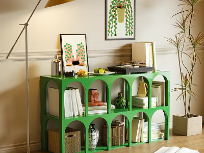Green Multi Tiered Shelving Unit With Books Storage Baskets Decorative Items And Potted Plant 3d model