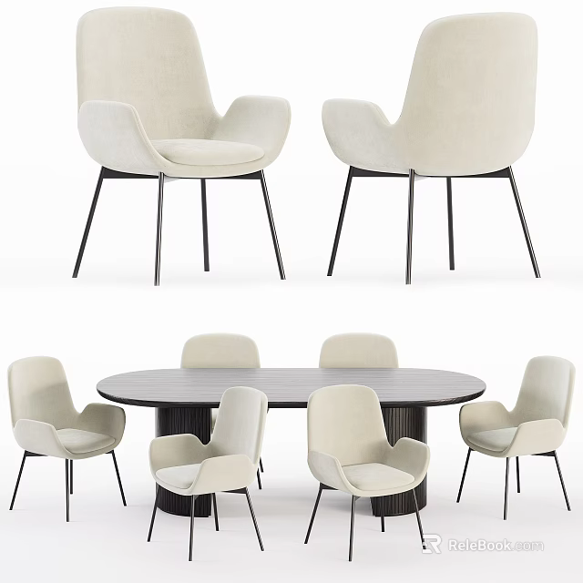 Modern Round Dining Table Set With Beige Chairs And Black Legs 3d model