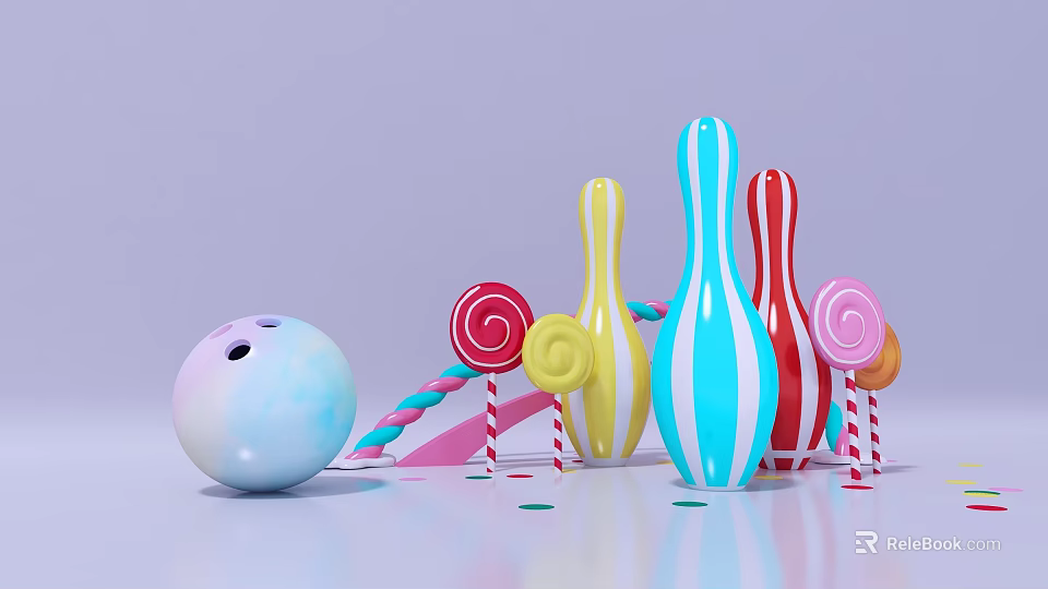 Vibrant Striped Commercial Equipment Featuring Bowling Ball And Lollipop Toys 3d model 