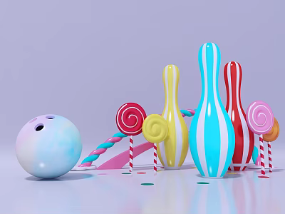 Vibrant Striped Commercial Equipment Featuring Bowling Ball And Lollipop Toys 3d model