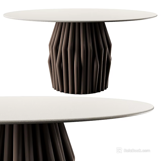 Light Colored Textured Top Dining Table With Dark Brown Pleated Ribbed Base Design 3d model