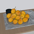 Yellow Fresh Fruits in Plate on Gray Tray with Wooden Table Gray Cup and Cloth