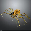 Yellow Mechanical Spider with Multiple Legs and Gear Structure on Black Background with Reflection