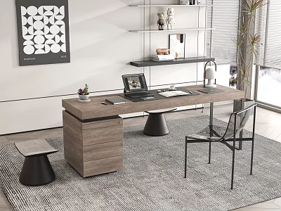Modern Home Office Wooden Desk Interior With Laptop Documents Small Potted Plant Chair And Shelves 3d model