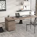 Modern Home Office Wooden Desk Interior With Laptop Documents Small Potted Plant Chair And Shelves