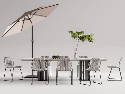 Modern Outdoor Table Setup With Woven Chairs Umbrella Vase And Green Plant 3d model