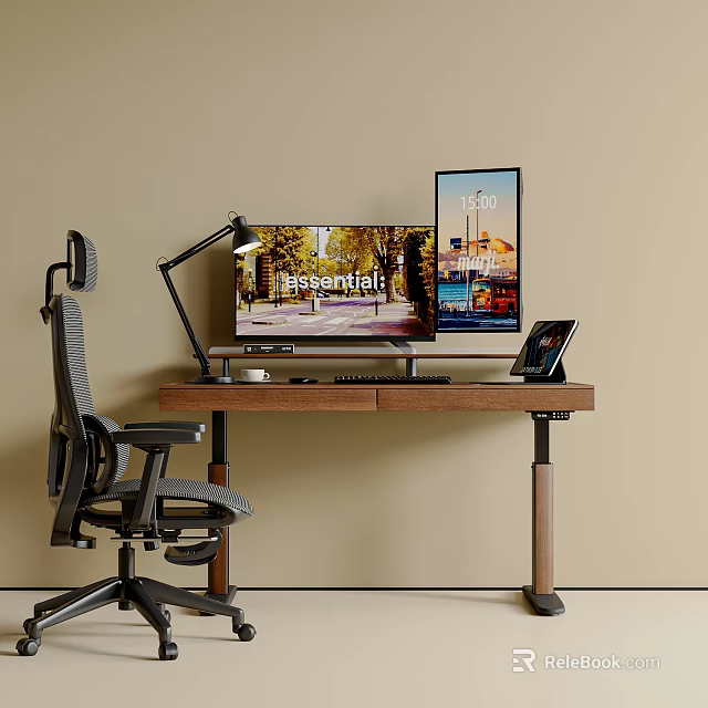 Modern Height Adjustable Desk And Ergonomic Chair Set For Cozy Home Office Workstation Setup 3d model 