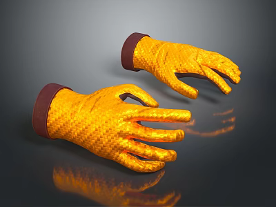 Two Orange Woven Texture Sculpture Gloves Featuring Red Cuffs And Black Background Reflections 3d model